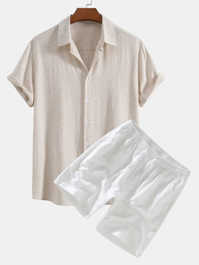 Chemise Boutonnée en Lin Mélangé & Short à Cordon en Lin