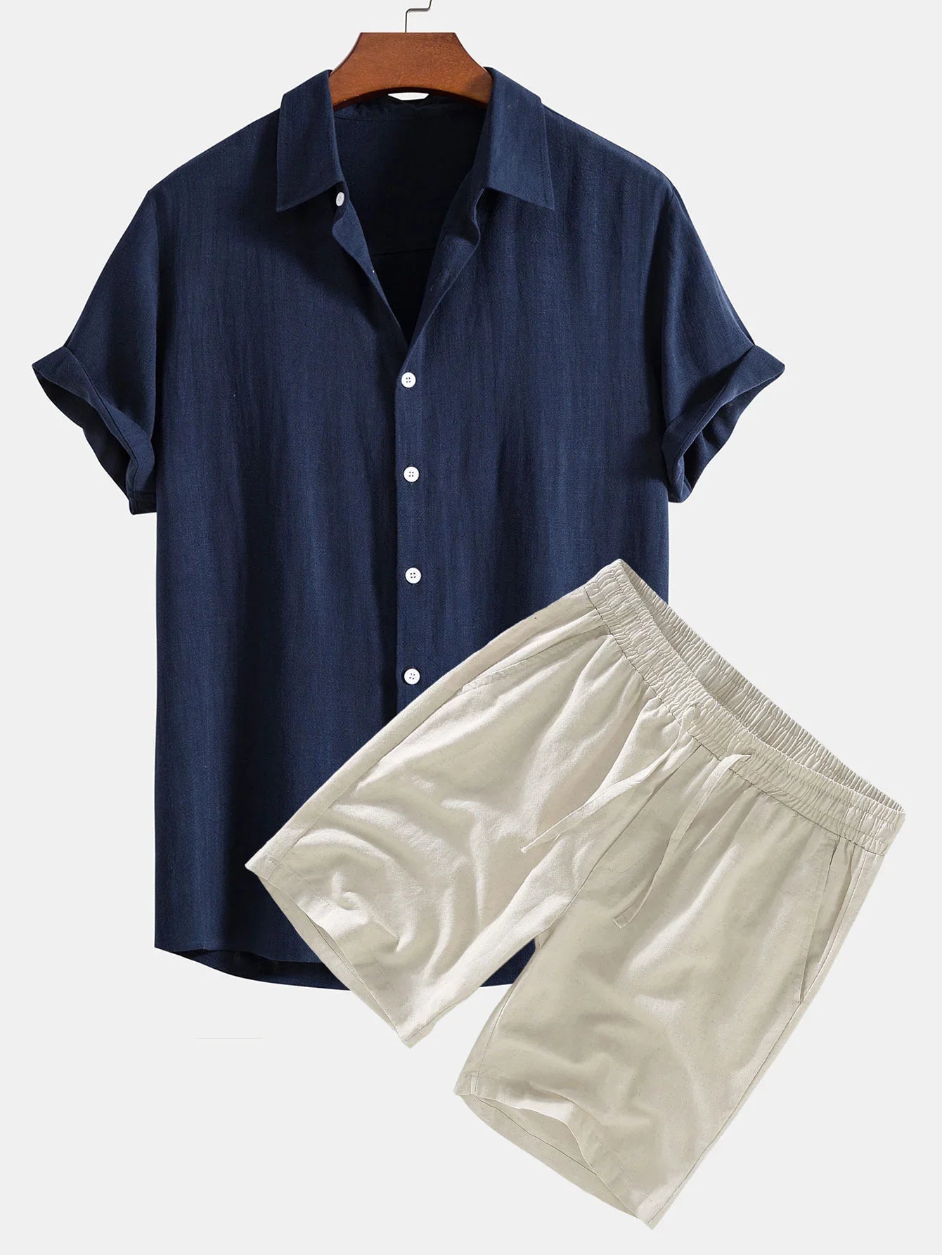 Chemise Boutonnée en Lin Mélangé & Short à Cordon en Lin