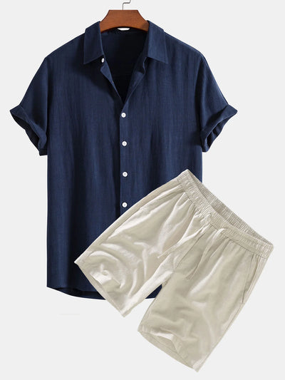 Chemise Boutonnée en Lin Mélangé & Short à Cordon en Lin