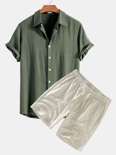 Chemise Boutonnée en Lin Mélangé & Short à Cordon en Lin