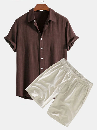 Chemise Boutonnée en Lin Mélangé & Short à Cordon en Lin